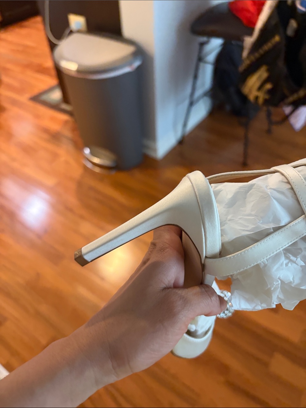 Jimmy Choo Ivory Satin Stiletto Sandals with Crystal Ball Accent - Picture 7 of 8